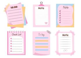 ensemble de mignonne rose note papier feuilles, gluant note, rappel, à faire liste. cool conception pour des cahiers, planificateurs. vecteur