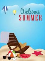 carte de vacances d & # 39; été avec ballon de plage et chaise et parasol vecteur