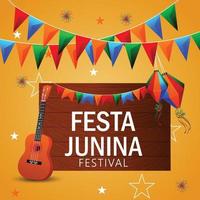 illustration vectorielle festa junina avec guitare, drapeau de fête coloré et lanterne en papier vecteur