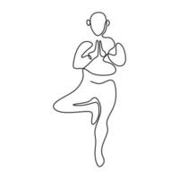 dessin au trait continu ou un dessin au trait d'une femme faisant du yoga pose d'arbre isolé sur fond blanc. debout sur une jambe. concept de mode de vie sain. journée internationale de yoga. illustration vectorielle vecteur
