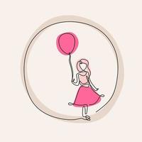 un dessin au trait continu de petites filles vêtues d'une robe rose et jouant des ballons roses. jolie fille enfant tient un ballon agitant dans le vent isolé sur fond blanc. concept de l'enfance. vecteur