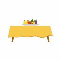 table à dîner vintage plat avec assiette de fruits frais dessus isolé sur fond blanc. concept d'intérieur de meubles de cuisine. table rétro en bois en style cartoon. illustration vectorielle plane vecteur