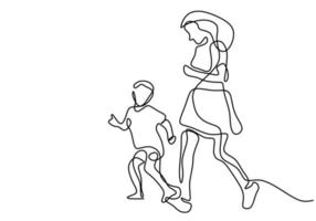 dessin au trait continu de la jeune mère courir avec son enfant le matin. heureuse joyeuse maman et fils faisant de l'exercice au parc de terrain. concept de soins amoureux de la famille. illustration vectorielle vecteur