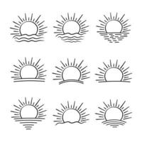 ensemble de main tiré en hausse le coucher du soleil lever du soleil Soleil icône, été lever du soleil le coucher du soleil ensoleillement Soleil logo symbole icône mer océan Soleil ligne art vecteur illustration lumière du soleil conception, noir et blanc Contexte