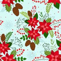 fond de Noël sans couture avec poinsettia rouge, pomme de pin, baies de rowan et flocons de neige. fond de vecteur pour tissu, papier d'emballage et textile de vacances.