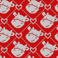 motif tricoté sans couture avec jolie vache et coeur. fond de Noël drôle pour tissu, papier d'emballage et textile de cuisine. vecteur