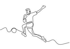 une ligne continue dessinant un joueur de football masculin en short frappe le ballon. jeune homme énergique jouant au football avec un style libre. concept de sport de match de football. illustration de conception de minimalisme de vecteur