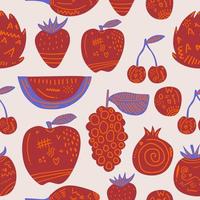 modèle sans couture de fruits rouges. mignon fruits frais fraise, fruit du dragon, pastèque, raisin, pomme, tomate, cerise etc. conception pour toile de fond d'écran d'impression, tissu et papier peint en carreaux. fruits de dessin animé vecteur