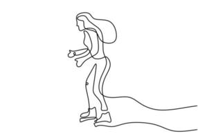 dessin au trait continu de jeune fille jouant au patin à glace dans la zone de glace isolée sur fond blanc. fille de patinage artistique dessiné à la main conception de minimalisme lineart. illustration d & # 39; activité hivernale de vecteur