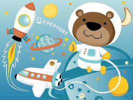 marrant ours dessin animé dans astronaute costume dans espace avec vaisseau spatial vecteur