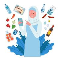 une souriant femme portant hijab, les courses en ligne achats. elle achète fruit, Viande, légume, Lait etc, par sa téléphone portable. vecteur