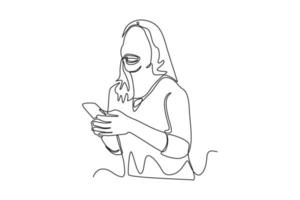 continu une ligne dessin une femme en riant tandis que à la recherche à sa téléphone intelligent. monde en riant journée concept Célibataire ligne dessine conception graphique vecteur illustration