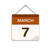 Mars 7, calendrier icône avec ombre. jour, mois. réunion rendez-vous temps. un événement programme date. plat vecteur illustration.