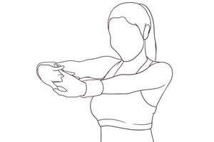 Jeune aptitude femme élongation sa bras et jambes main tiré vecteur illustration