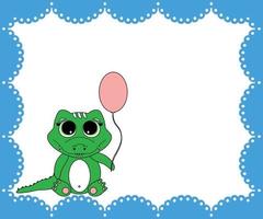 bleu arrière-plan, un carte postale avec une jouet crocodile, un alligator pour une garçons anniversaire vecteur