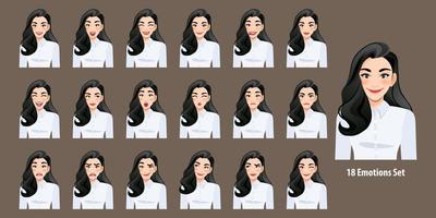 belle femme d'affaires en chemise blanche avec différentes expressions faciales ensemble isolé dans l'illustration vectorielle de dessin animé caractère style. vecteur