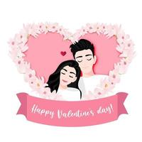 couple de dessin animé se détendre pose dans la bannière en forme de coeur fleur rose sur fond blanc. illustration vectorielle de saint valentin festival vecteur