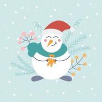 bonhomme de neige mignon dans un bonnet de Noel avec un jouet sur un fond clair avec des flocons de neige et des éléments décoratifs. carte de Noël, affiche, illustration pour enfants, hiver. style plat de vecteur