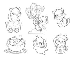 ensemble de vecteurs de chat de style dessin animé mignon dans différentes poses. illustration de personnage animal pour les enfants. dessins au trait dessinés à la main de chaton drôle. grande collection d'animaux de compagnie pour enfants, coloriage, animation. vecteur