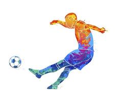 joueur de football professionnel abstrait tirant rapidement une balle d'éclaboussure d'aquarelles. illustration vectorielle de peintures vecteur