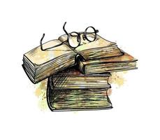 lunettes sur les livres de la pile supérieure et livre ouvert à partir d'une éclaboussure d'aquarelle, croquis dessiné à la main. illustration vectorielle de peintures vecteur