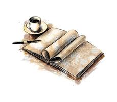 tasse de café et un livre avec un stylo à partir d'une touche d'aquarelle, croquis dessiné à la main. illustration vectorielle de peintures vecteur