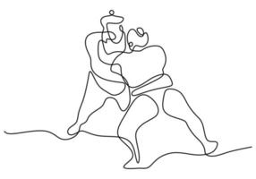 Un dessin au trait continu de deux jeunes grands hommes rikishi japonais se bat au style de minimalisme de tournoi de festival isolé sur fond blanc. concept de sport sumo traditionnel. illustration vectorielle vecteur