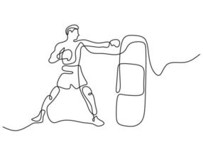 Un dessin au trait continu du jeune boxeur sportif a frappé le sac de boxe. concept de sport de combat compétitif. illustration vectorielle pour affiche de promotion de match de boxe avec un design minimaliste vecteur