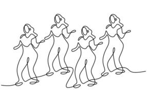 dessin au trait continu d'un groupe de filles en danse zumba. quatre jeunes femmes énergiques pratiquent la danse isolée sur fond blanc. sport de danse et concept de mode de vie sain. illustration vectorielle vecteur