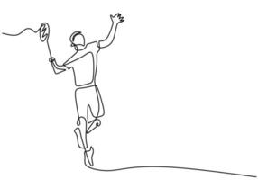 dessin au trait continu d'un jeune athlète jouant au badminton. un homme saute et frappe le volant avec une raquette. concept de sport compétitif design de minimalisme art dessiné à la main. illustration vectorielle vecteur