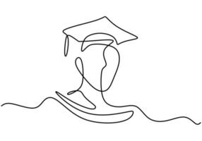 dessin d'art continu une ligne d'étudiant heureux portant un chapeau de graduation. collège, élève de l'école célébrant le thème de l'obtention du diplôme isolé sur fond blanc. illustration vectorielle vecteur