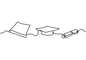 un dessin au trait continu du chapeau de graduation, du certificat et du rouleau de papier de la lettre de graduation. Diplôme universitaire chapeau équipement élément icône modèle concept isolé sur fond blanc. vecteur