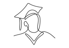 dessin d'art continu une ligne d'étudiant heureux portant un chapeau de graduation. collège, élève de l'école célébrant le thème de l'obtention du diplôme isolé sur fond blanc. illustration vectorielle vecteur