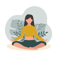 une jeune fille est assise en position du lotus sur fond de plantes. yoga dans la nature. méditation, relaxation. illustration de plat de vecteur isolé sur fond blanc