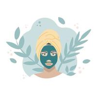 femme dans un masque cosmétique sur fond de plantes. concept de produit pour la beauté, les produits naturels à base de plantes et les soins de la peau. design plat de vecteur sur fond blanc