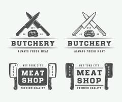 ensemble de logos, emblèmes, badges, étiquettes de viande de boucherie vintage, de steak ou de barbecue. art graphique monochrome. illustration vectorielle. vecteur