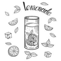 cruche en verre avec de la limonade, croquis de limonade maison, illustration de l'été. citron dessiné à la main, tranche de citron, paille. l'inscription sur la limonade. vecteur