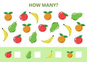 éducatif feuille de travail pour des gamins vecteur modèle. math Jeu pour les enfants Comment beaucoup des fruits dans plat style sur blanc