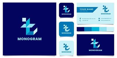 logo de lettre t isométrique bleu simple et minimaliste avec modèle de carte de visite vecteur