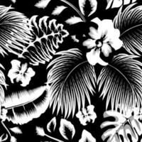 tendance abstrait sans couture modèle avec ancien tropical feuilles et fleurs les plantes feuillage sur foncé Contexte. vecteur conception. jungle imprimer. floral Contexte. impression textile. exotique tropiques. été