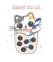 kawaii marrant calicot chaton chat dans bulle Lait thé tasse, bulle thé chat, adorable dessin animé animal dodole main dessin vecteur