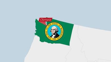 nous Etat Washington carte Souligné dans Washington drapeau couleurs et épingle de pays Capitale Olympie. vecteur