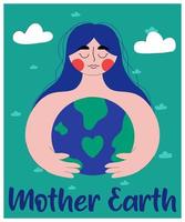 mignonne femme embrasse planète Terre avec se soucier et l'amour. mère la nature. le concept de Terre journée. enregistrer notre planète. aller vert. branché plat style avec doubler. vecteur