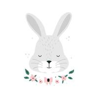 mignonne main tiré lapin. charmant impression avec blanc lapin. tête avec fleurs sur une blanc Contexte. garderie art, des gamins conception. infantile style vecteur illustration pour mur art, carte