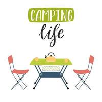 camping pliant table et chaises et manuscrit mots - camping vie.touriste meubles pour pique-niques, Extérieur des loisirs, du repos dans la nature. plat dessin animé vecteur illustration isolé sur une blanc Contexte