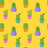 sans couture modèle avec différent cactus, succulent plante dans brillant fleur pot. dessin animé cactus. main dessin Contexte avec plantes d'intérieur. vecteur illustration sur Jaune Contexte