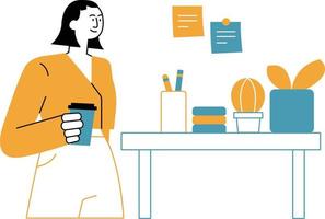 femme avec café tasse et table avec objets plus de blanc arrière-plan, vecteur illustration