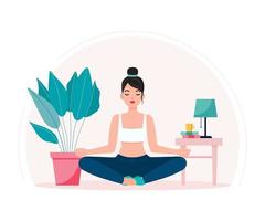 jeune femme, faire, yoga, méditer, chez elle, illustration vecteur