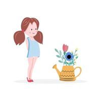 la fille se tient confusément et regarde un arrosoir avec un bouquet de fleurs. personnage de dessin animé de petite fille isolé sur fond blanc. illustration vectorielle vecteur