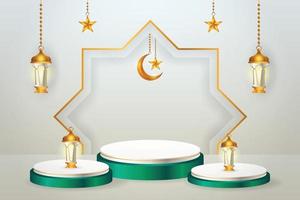 Affichage du produit 3D sur le thème du podium vert et blanc islamique avec croissant de lune, lanterne et étoile pour le ramadan vecteur